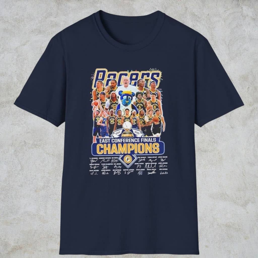 2025 Indiana Pacers East Conference Finals Champions Signatures Shirt Navy T shirt 2025 Indiana Pacers East Conference Finals Champions Signatures Shirt Navy T shirt
