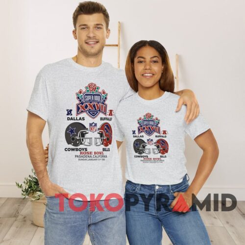 90s Vintage NFL Super Bowl XXVII Dallas Cowboys and Buffalo Bills Rose Bowl Pasadena 1993 Grey T shirt