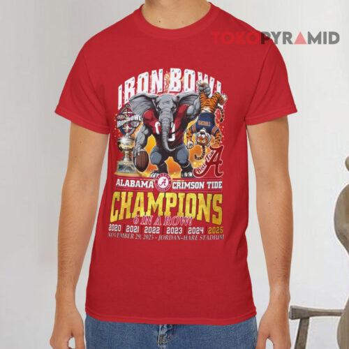 Alabama Crimson Tide Iron Bowl Champions 6 In A Row 2025 Red T shirt Alabama Crimson Tide Iron Bowl Champions 6 In A Row 2025 Red T shirt