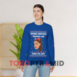 Ariana Grande Opening Christmas Presents Like Thank You Next Sweatshirt 3 Ariana Grande Opening Christmas Presents Like Thank You Next Blue Sweatshirt