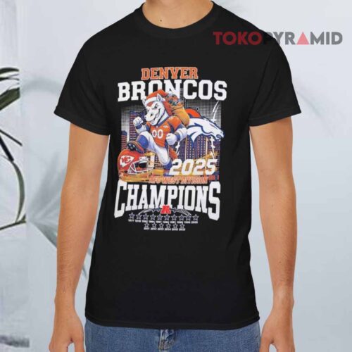 Denver Broncos 2025 Afc West Division Champions Mascot Skyline Black T shirt Denver Broncos 2025 Afc West Division Champions Mascot Skyline Black T shirt