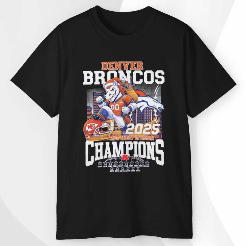 Denver Broncos 2025 Afc West Division Champions Mascot Skyline T shirt Denver Broncos 2025 Afc West Division Champions Mascot Skyline T shirt