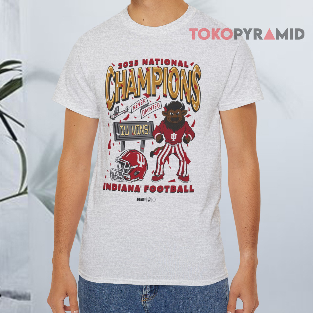 Indiana Hoosiers 2025 National Champions Never Daunted Iu Wins Mascot Grey T shirt Indiana Hoosiers 2025 National Champions Never Daunted Iu Wins Mascot Grey T shirt