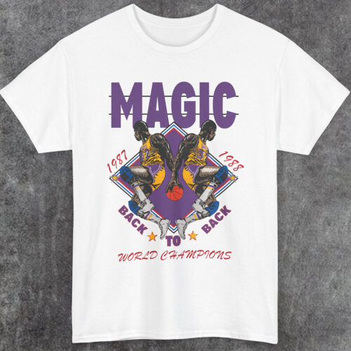 Magic Johnson T-shirt 1987 1988 LA Lakers Back To Back World Champions