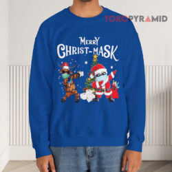 Merry Christ mask Santa Reindeer Christmas Blue Sweatshirt