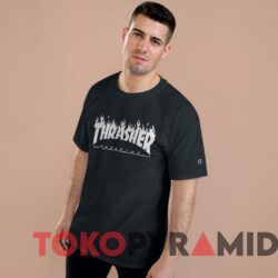 Rare Vintage Thrasher Magazine Flame Fire Logo Tee Man Black T shirt