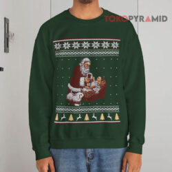 Santa Claus And Baby Jesus Nativity Manger Christmas Green Sweatshirt