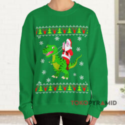 Santa Riding Dinosaur T-Rex Christmas Sweatshirt 3 Santa Riding Dinosaur T rex Christmas Green Sweatshirt