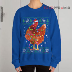 Ugly Christmas Chicken Santa Hat Lights Blue Sweatshirt