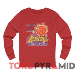 Vintage 80s Los Angeles Lakers Back To Back World Champions Tee Red Long sleeved