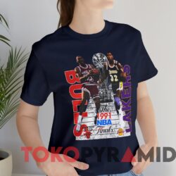 Vintage Lakers vs. Bulls 1991 NBA Finals Jordan and Magic Tee 2 Vintage Lakers vs Bulls 1991 NBA Finals Jordan and Magic Tee Navy T shirt